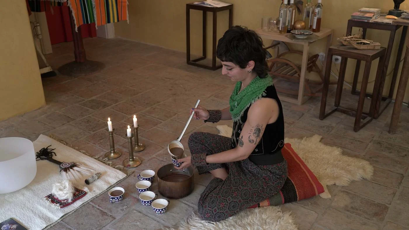 Tea being prepared beside the sound healing space